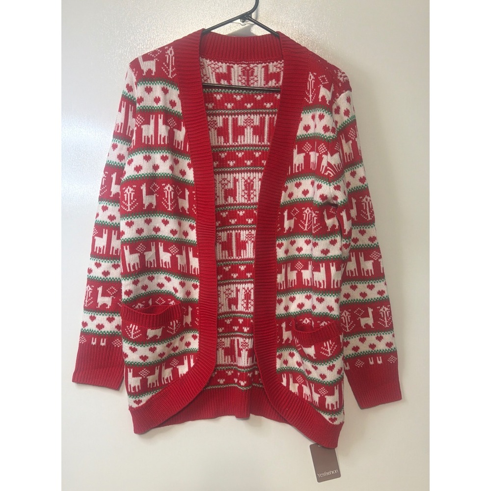 Yesfashion Womens Christmas Llama Fair Isle Cardigan Sweater Red White Green NEW